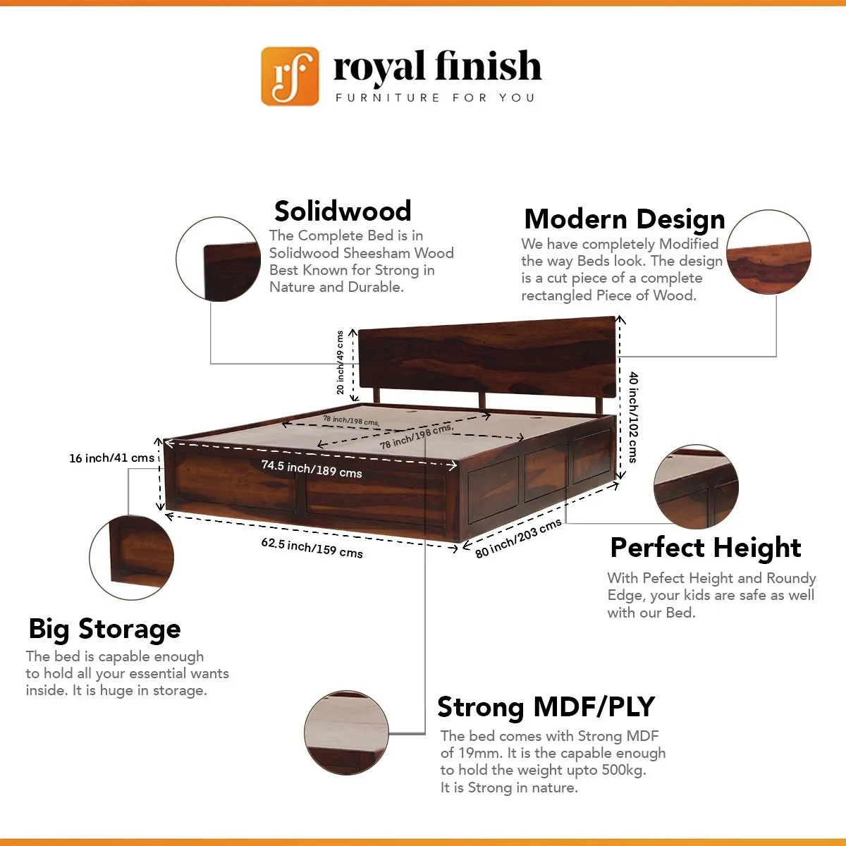 Royal Finish Alfriko Queen Size Storage Bed In Solid Sheesham wood sheesham wood bed image 8