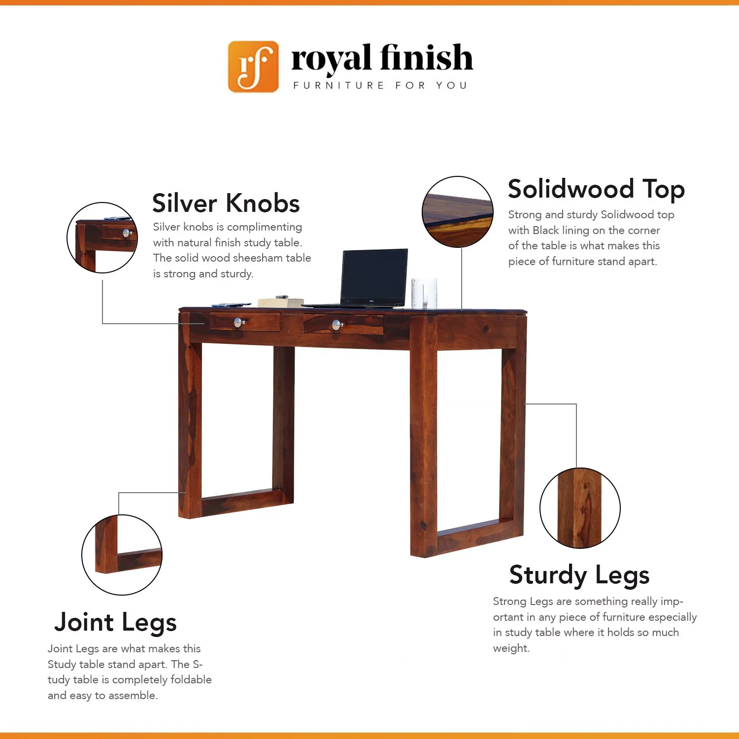 Royal Finish Two Drawer Hecto Minimal Study Table in Funriture Sheesham Wood wooden study table image 2