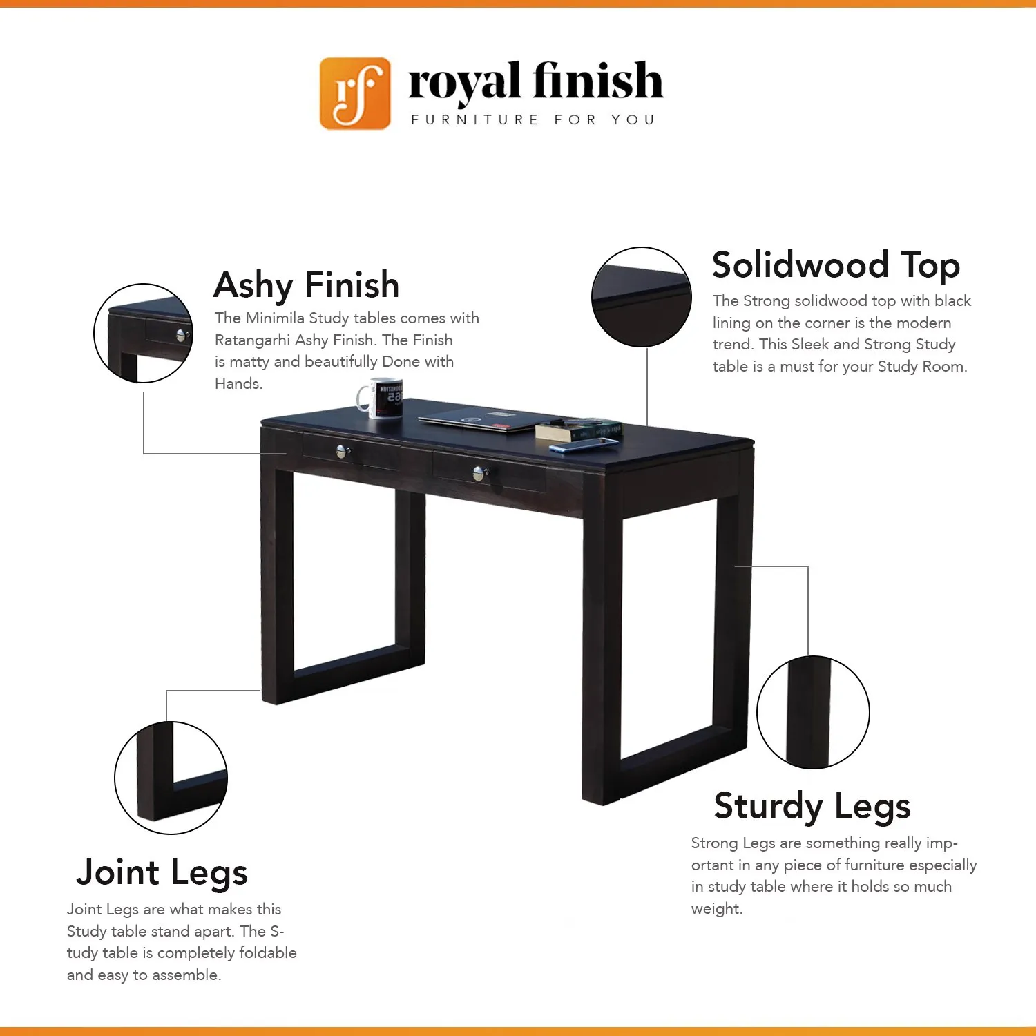 Royal Finish Two Drawer Raven Minimal Study Table in Funriture Sheesham Wood wooden study table image 2