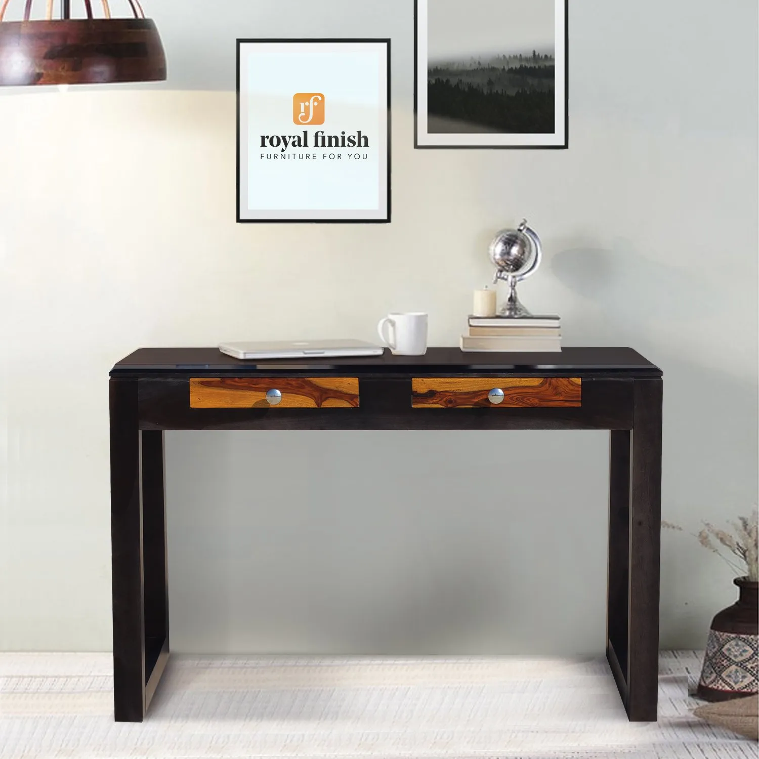 Royal Finish Two Drawer Pecan Minimal Study Table in Funriture Sheesham Wood