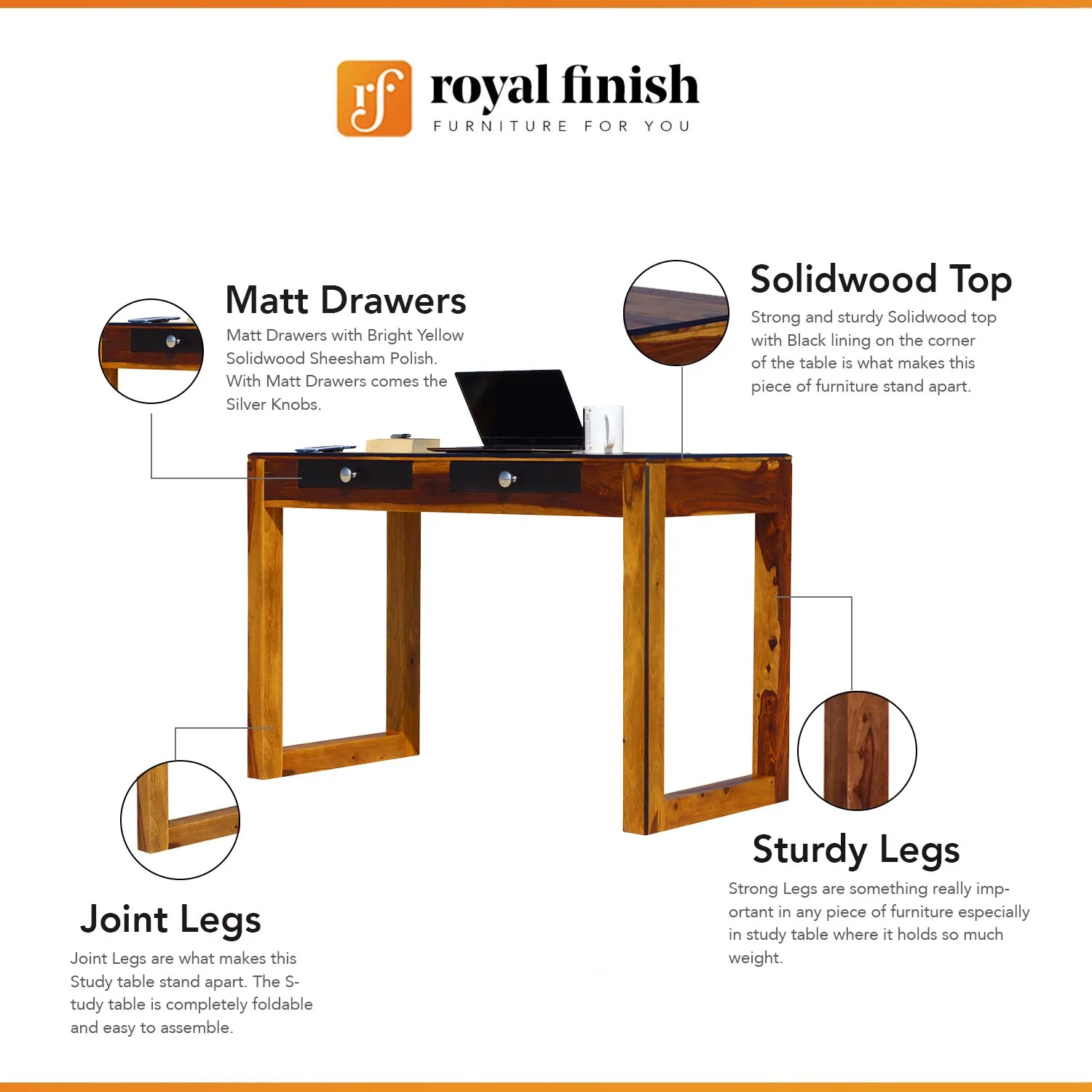 Royal Finish Two Drawer Picasso Minimal Study Table in Funriture Sheesham Wood wooden study table image 2