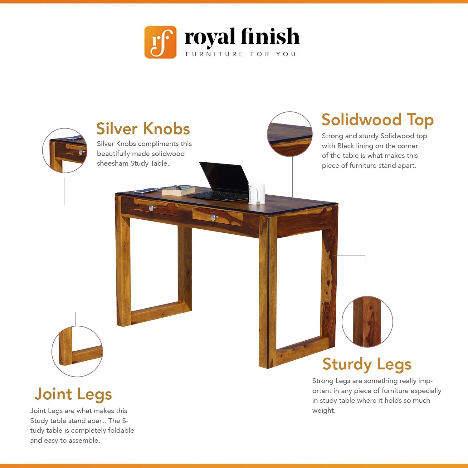 Royal Finish Two Drawer Vexo Minimal Study Table in Funriture Sheesham Wood wooden study table image 2