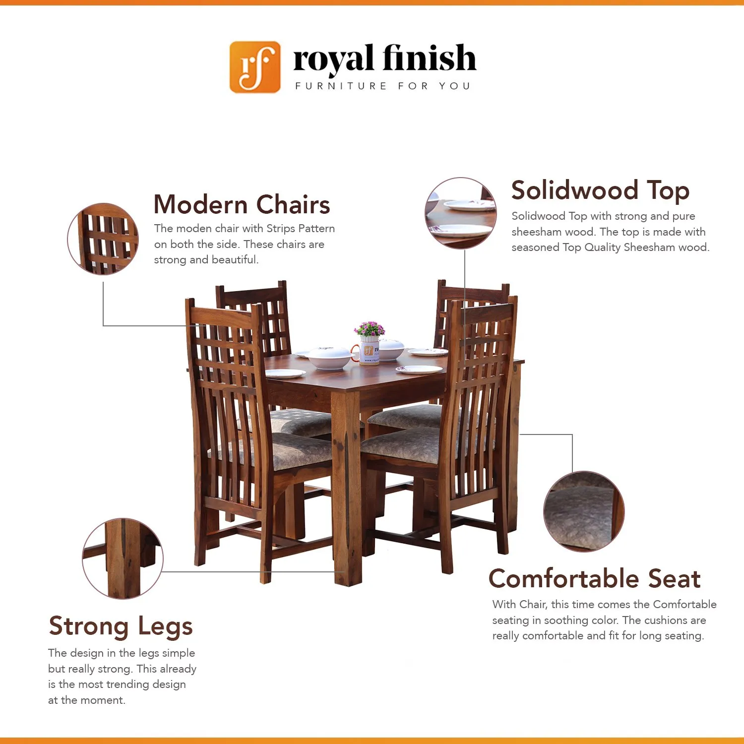 Royal Finish Vettori 4 Seater Dining Set in Natural Furniture Sheesham Wood sheesham dining table image 2