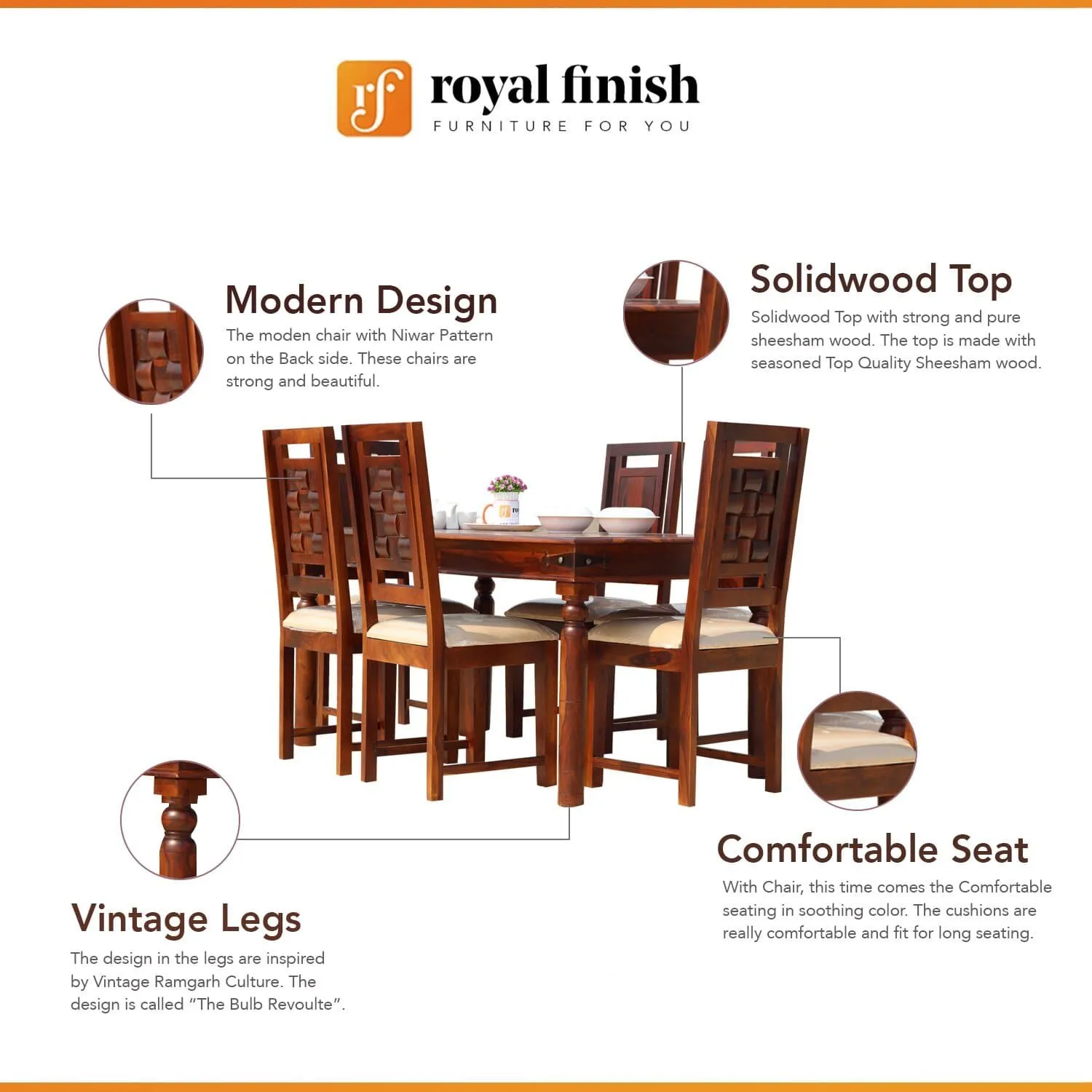 Royal Finish Nivora 6 Seater Dining Set in Natural Furniture Sheesham Wood sheesham dining table image 2