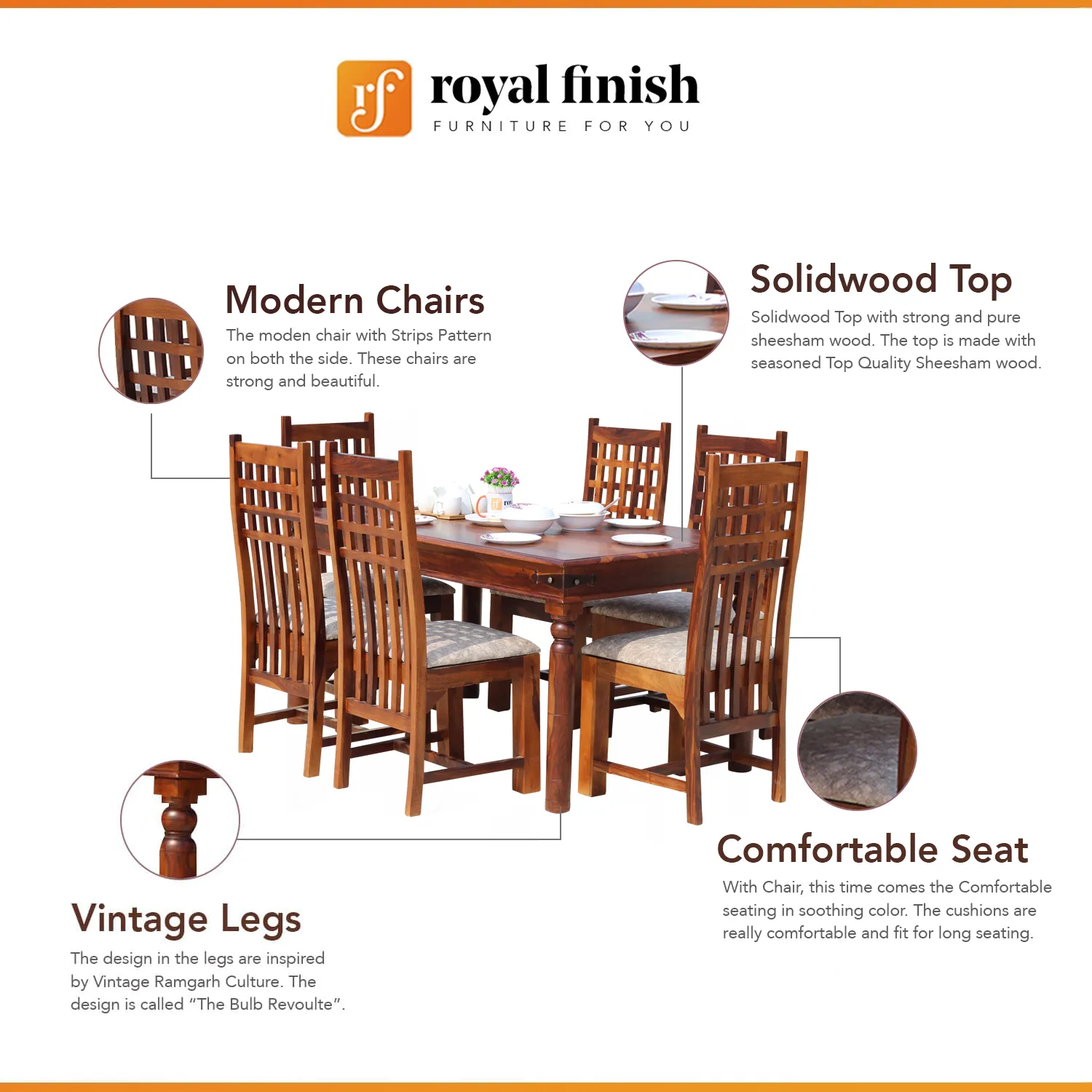 Royal Finish Dali 6 Seater Dining Set in Natural Premium Furniture Sheesham Wood sheesham dining table image 2