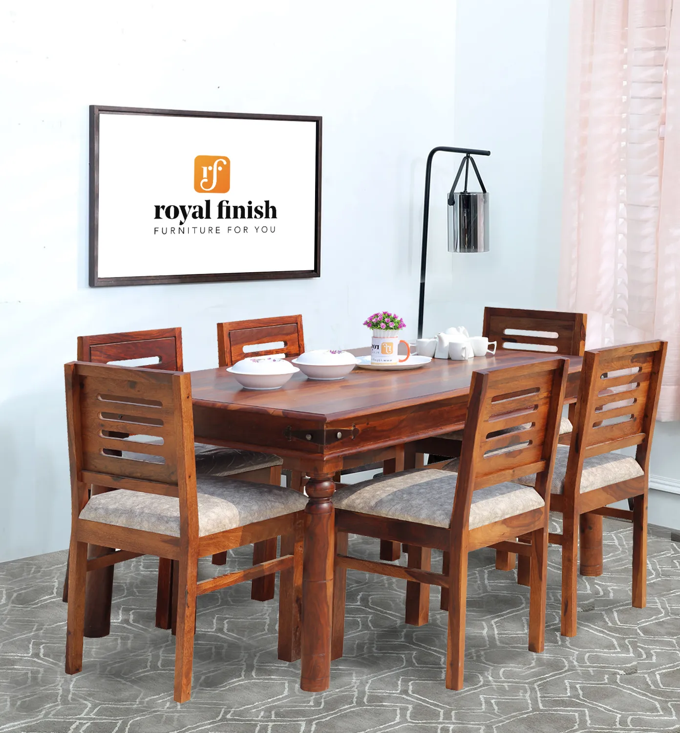 Royal Finish Ecko 6 Seater Classic Dining Set in Natural Furniture Sheesham Wood