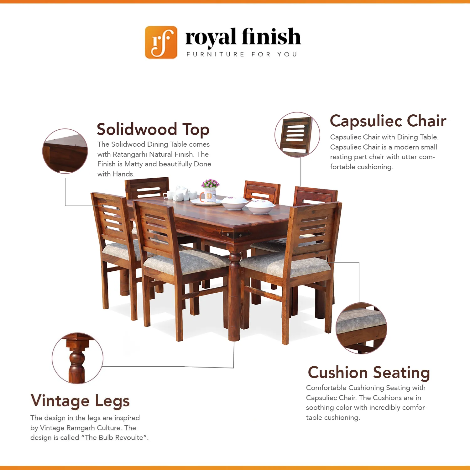 Royal Finish Ecko 6 Seater Classic Dining Set in Natural Furniture Sheesham Wood sheesham dining table image 2