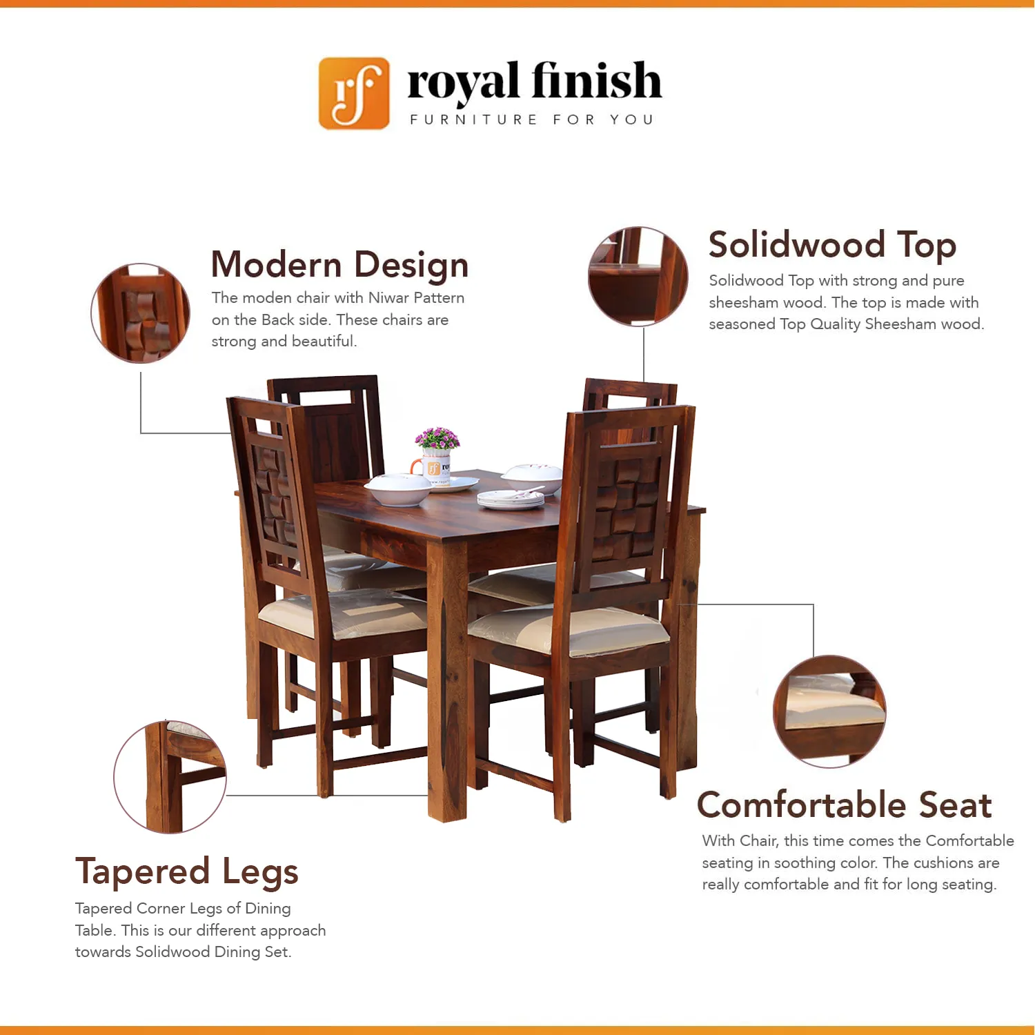 Royal Finish Nexto 4 Dining Set in Natural Premium Furniture Sheesham Wood sheesham dining table image 2