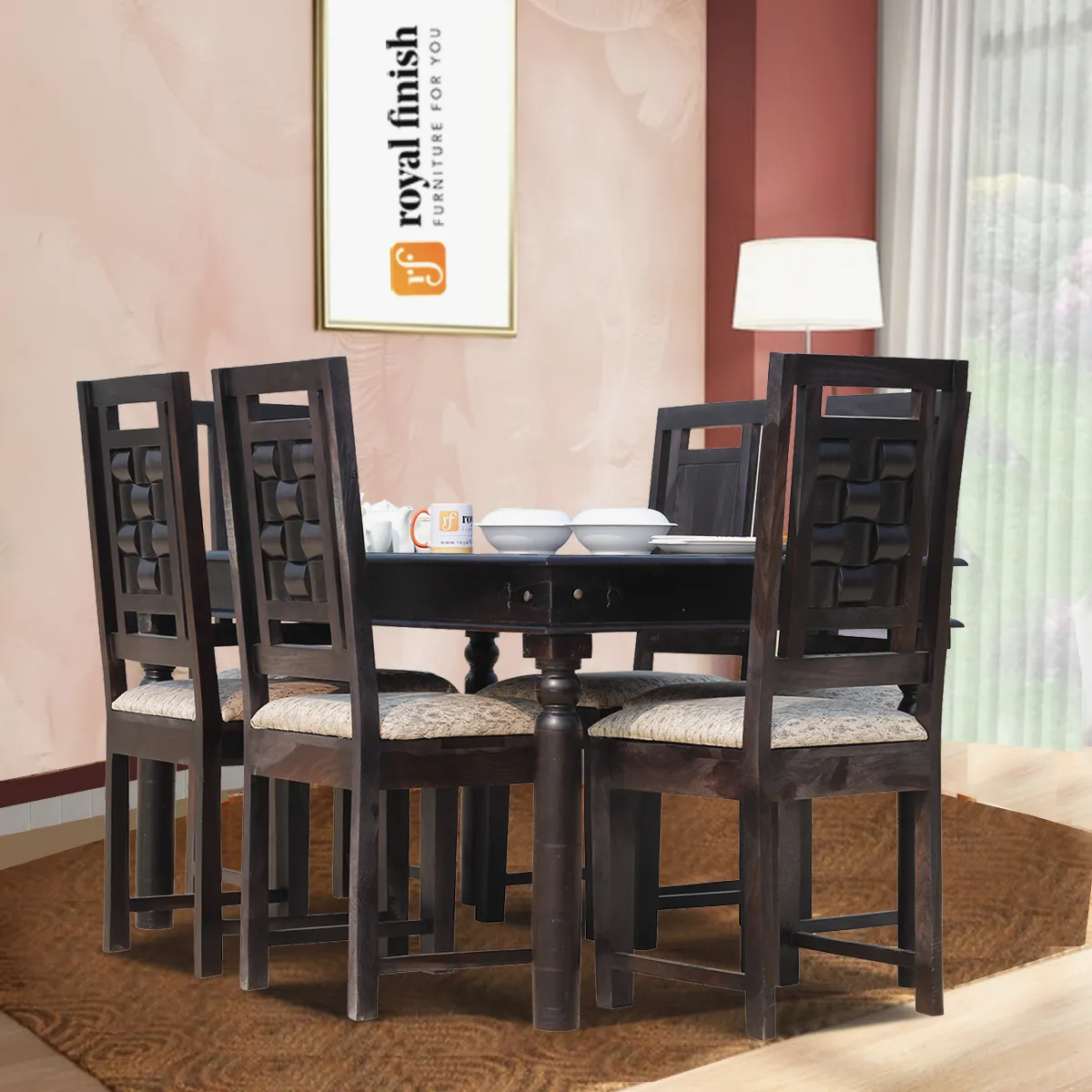 Royal Finish Nivora 6 Seater Dining Set in Carbon Black In Sheesham Wood