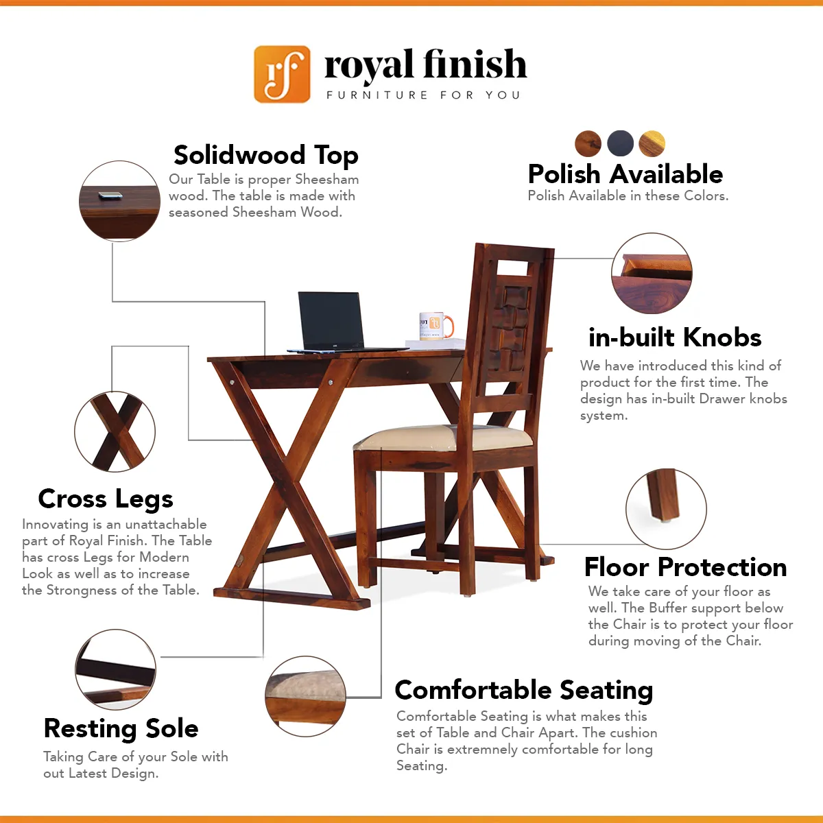 Royal Finish Sikora Study Table with Nivora Chair in Funriture Sheesham Wood wooden study table image 2