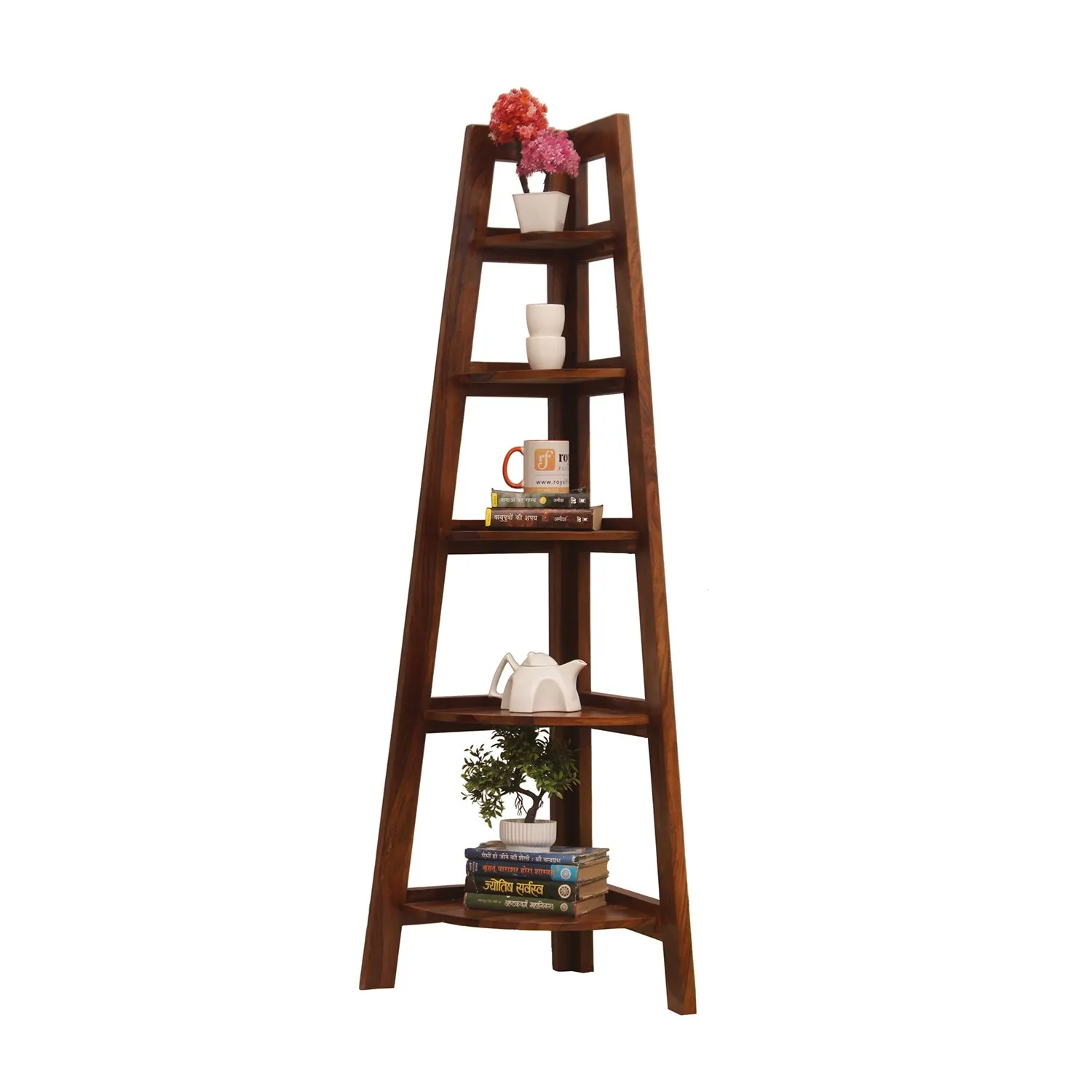 Royal Finish 5 Shelves Assorted Bookshelf in Natural Honey In Sheesham Wood solid wood bookshelf image 4