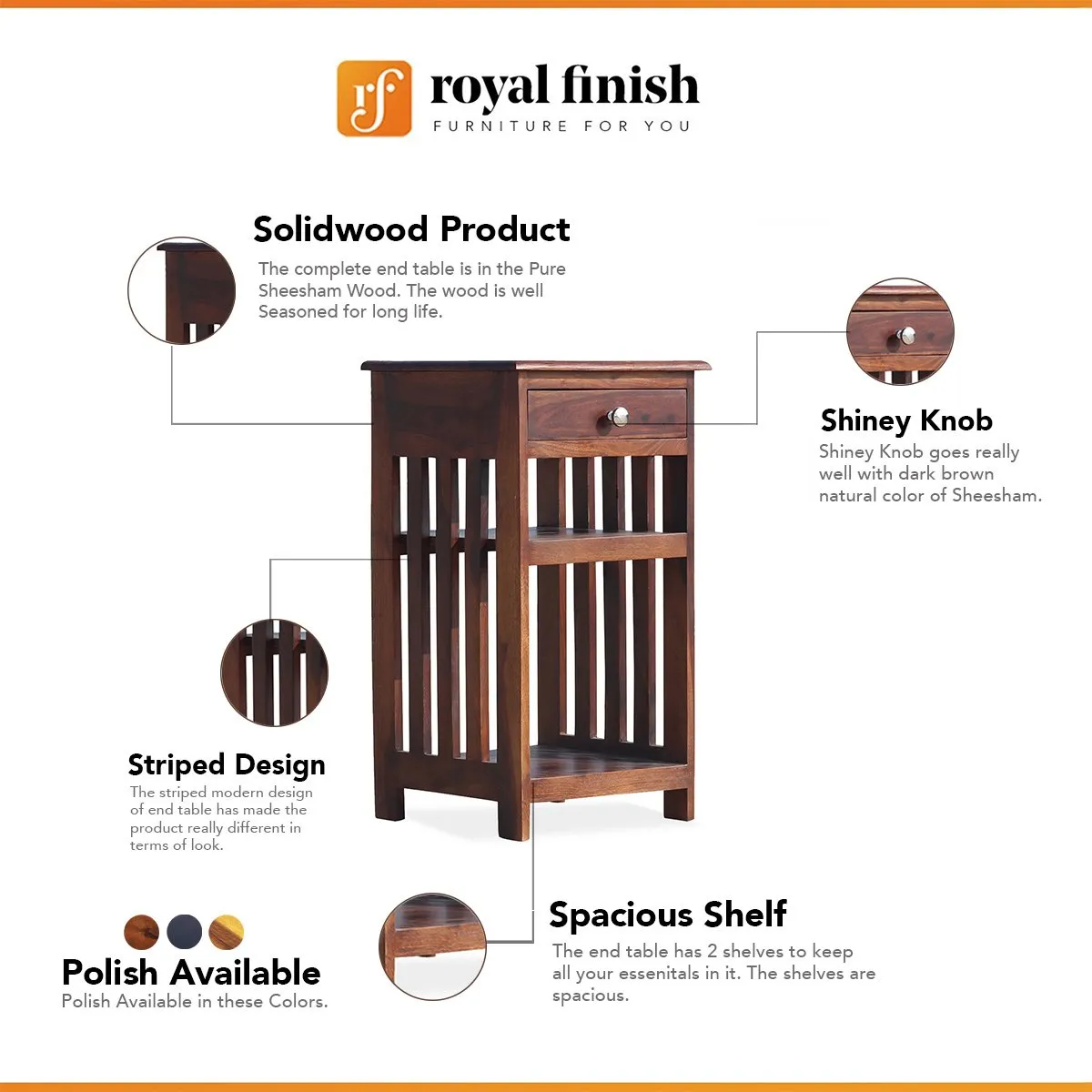 Royal Finish Keesha Premium Wooden Side Table | Solid Sheesham Wood bedside table sheesham image 2