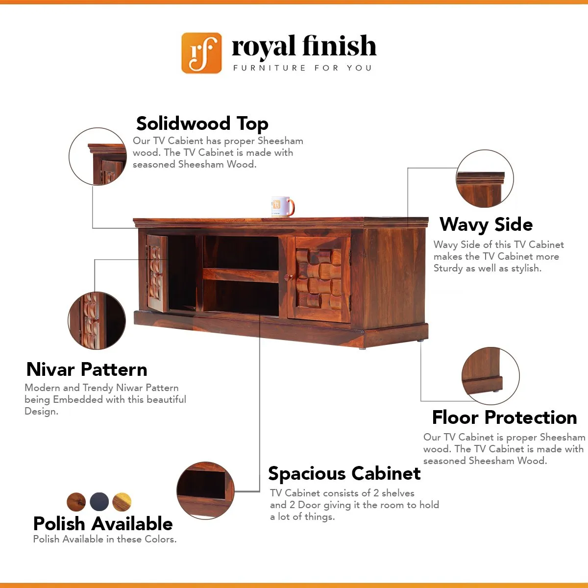 Royal Finish Nivora TV Cabinet in sheesham in Natural Honey Oak Matte Finished wooden bar cabinet image 2