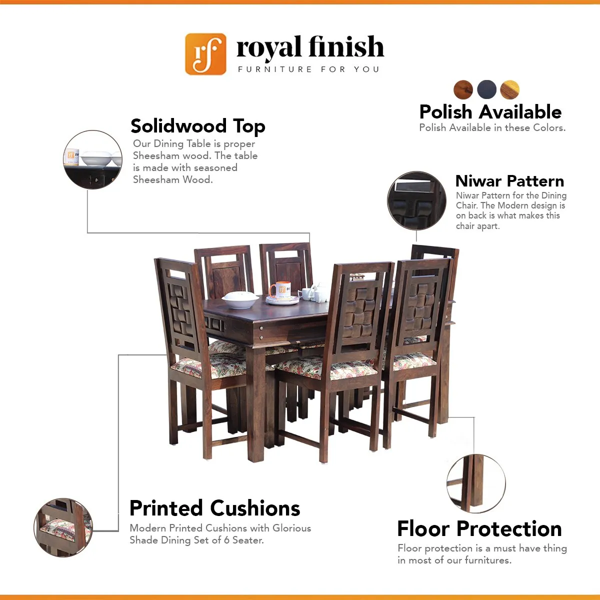 Royal Finish Nivora Moderna Dining in Sheesham with wallnut color Matte polished sheesham dining table image 2