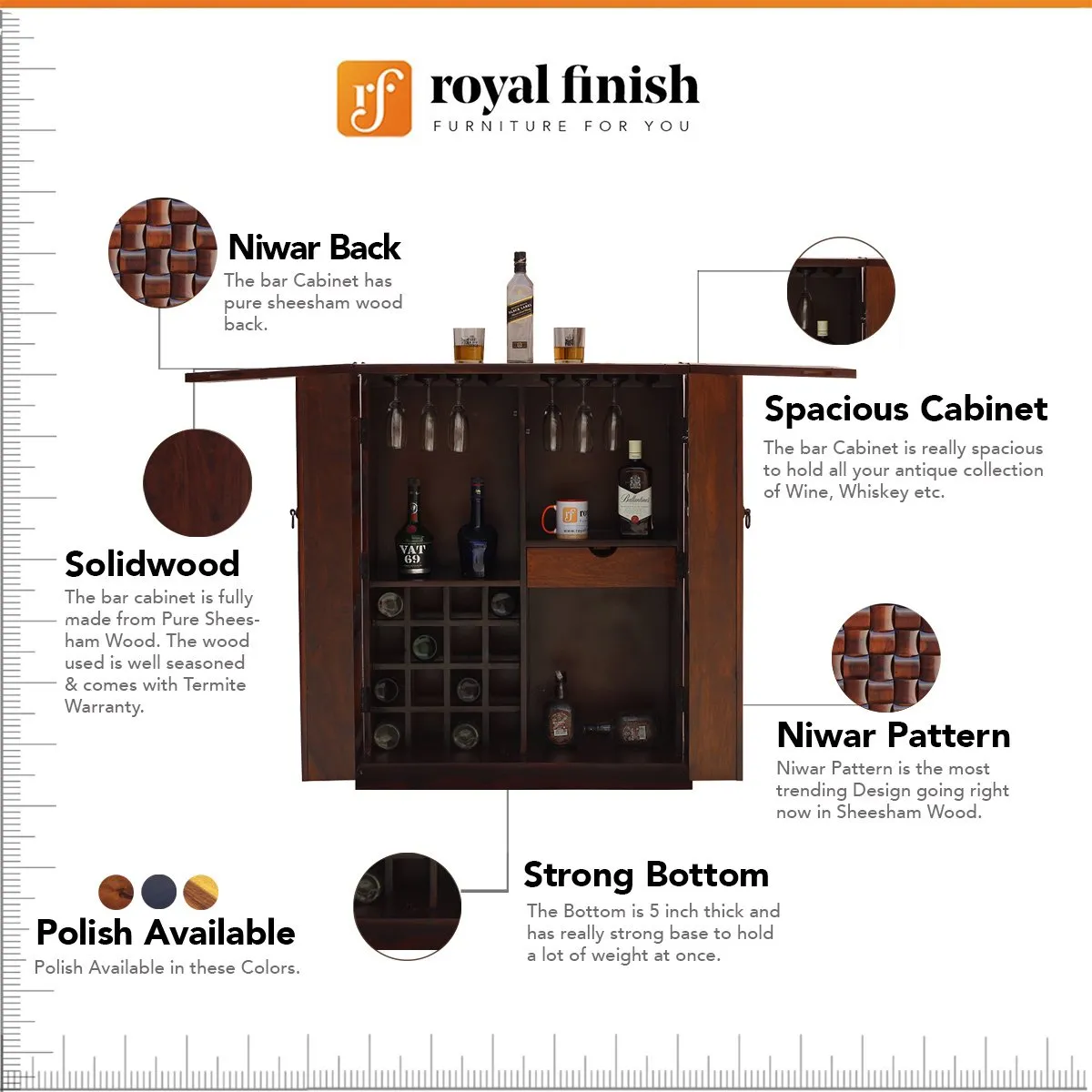 Royal Finish Nivora 2 Door Bar in sheesham with Natural color in Matte polished wooden bar cabinet image 2