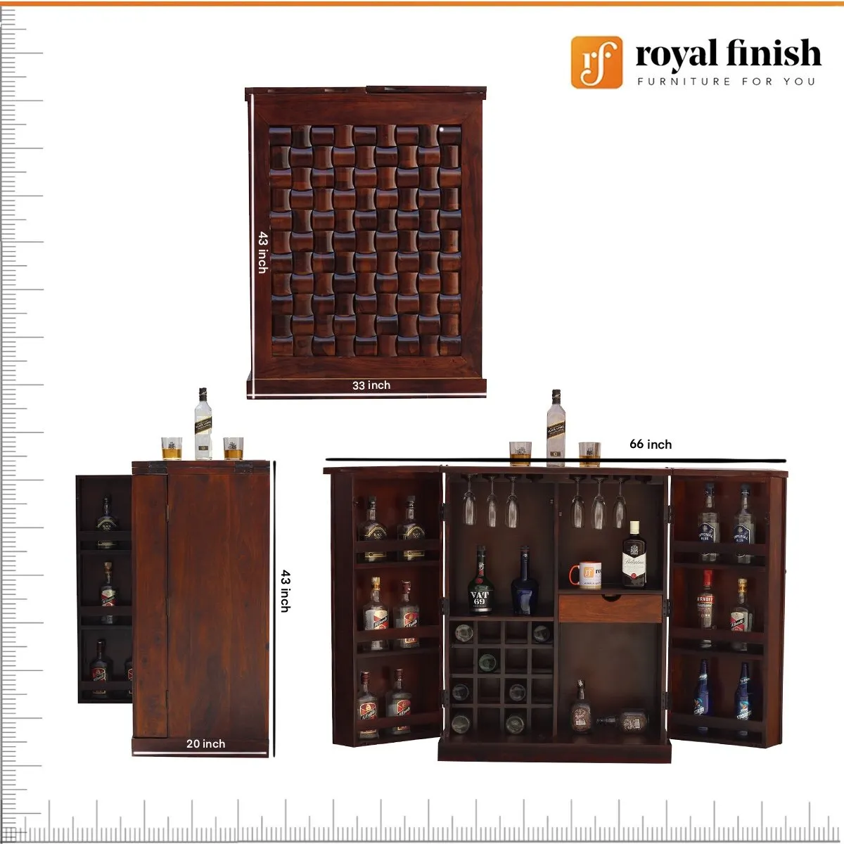 Royal Finish Nivora 2 Door Bar in sheesham with Natural color in Matte polished wooden bar cabinet image 3