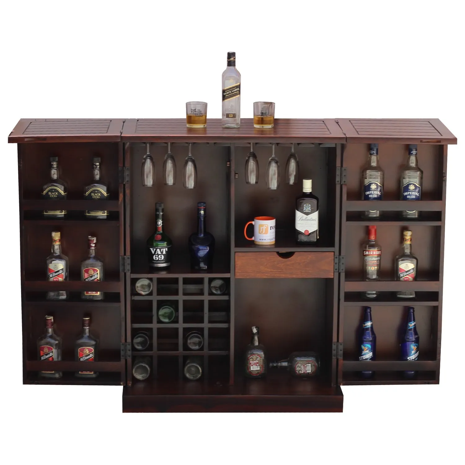 Royal Finish Nivora 2 Door Bar in sheesham with Natural color in Matte polished wooden bar cabinet image 6