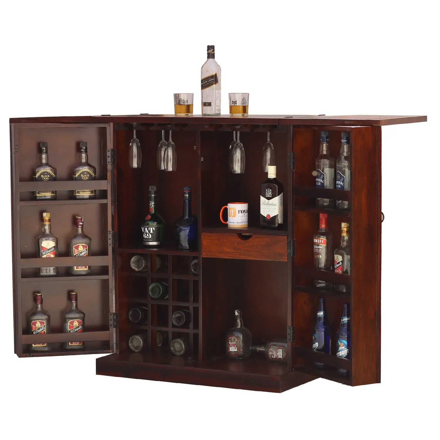 Royal Finish Nivora 2 Door Bar in sheesham with Natural color in Matte polished wooden bar cabinet image 8