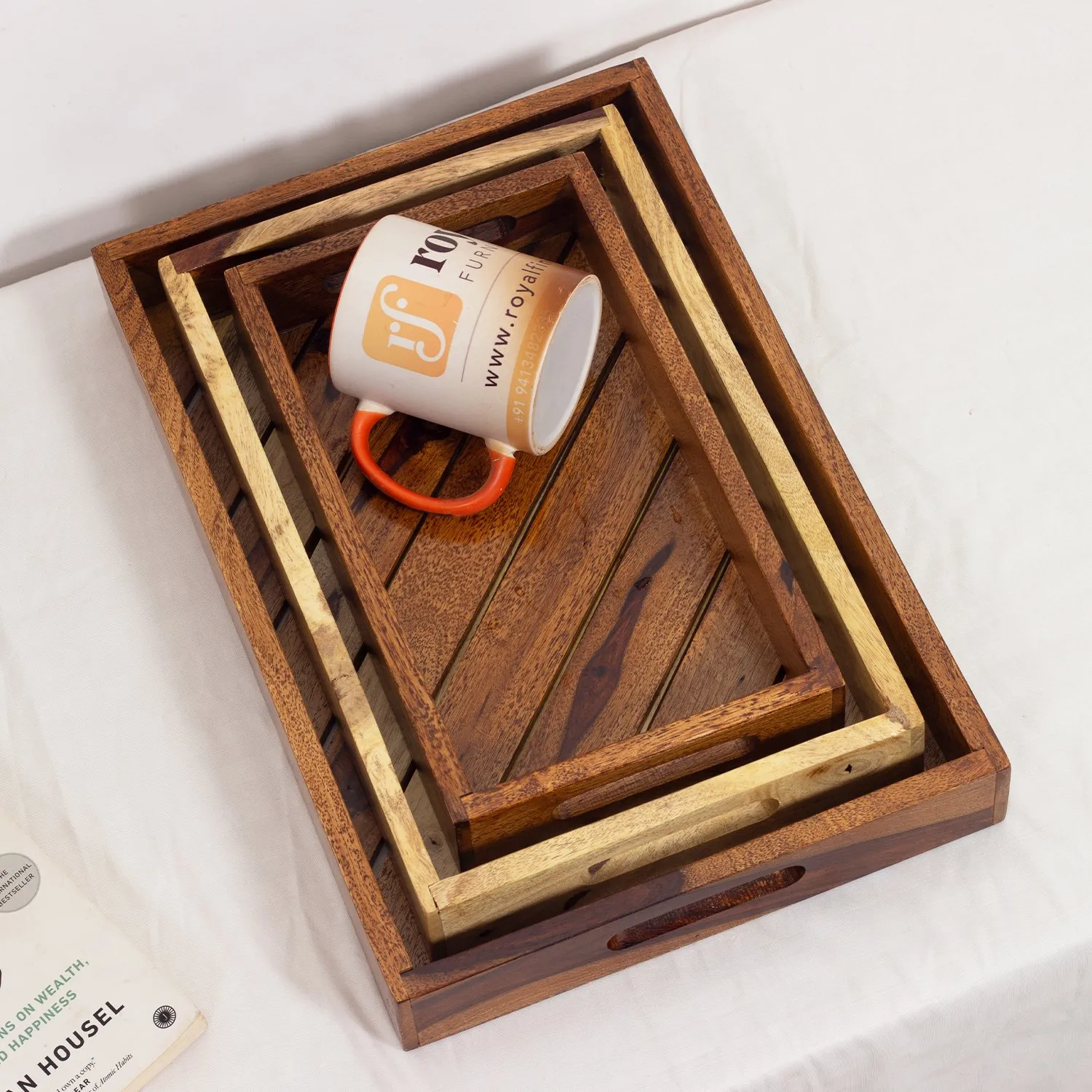 Royal Finish Sheesham Wood Serving Tray Set, Natural Colour with Matte Finish sheesham wood furniture image 4