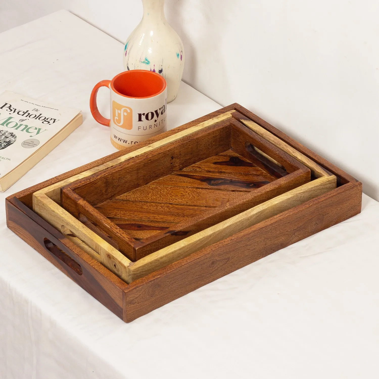 Royal Finish Sheesham Wood Serving Tray Set, Natural Colour with Matte Finish sheesham wood furniture image 8