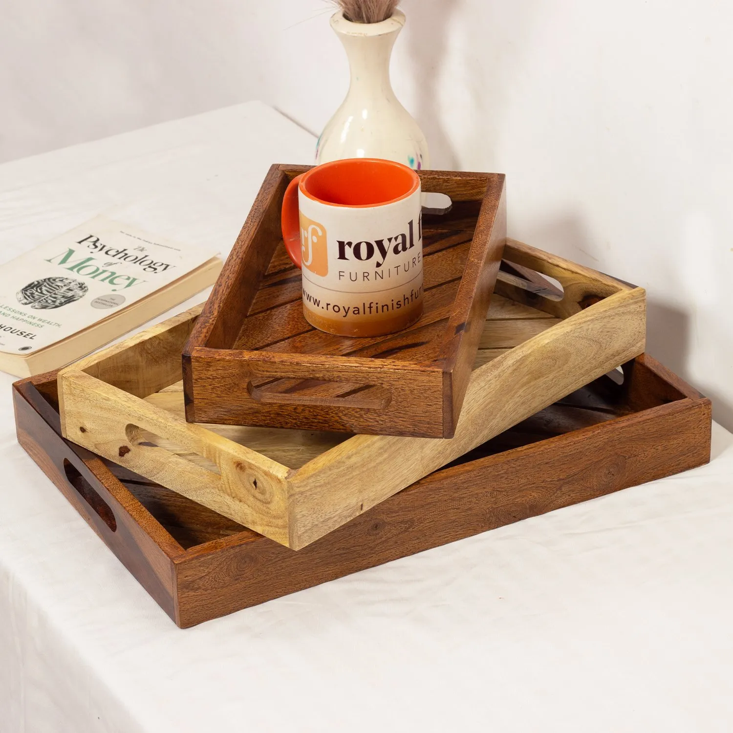 Royal Finish Sheesham Wood Serving Tray Set, Natural Colour with Matte Finish sheesham wood furniture image 9