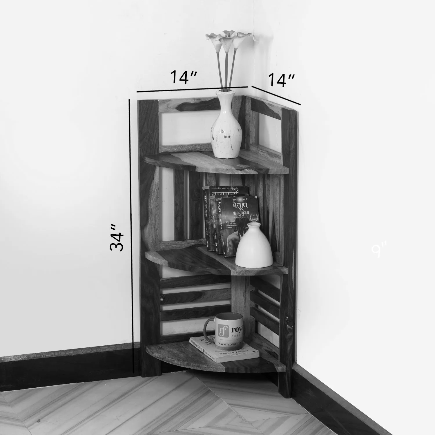 Royal Finish classic Sheesham Wood Corner Shelving Unit, 3 Shelves, 35.5 x 35.5 sheesham wood furniture image 2