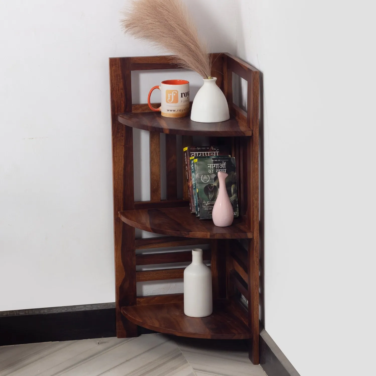 Royal Finish classic Sheesham Wood Corner Shelving Unit, 3 Shelves, 35.5 x 35.5 sheesham wood furniture image 3