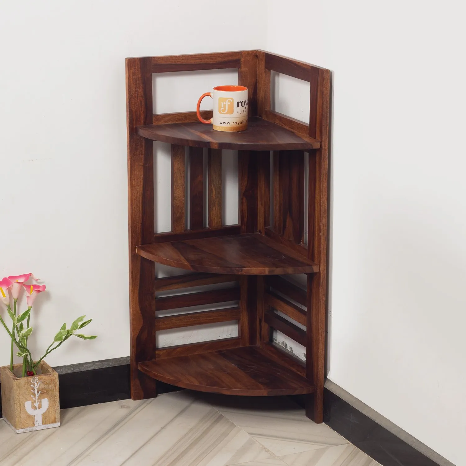 Royal Finish classic Sheesham Wood Corner Shelving Unit, 3 Shelves, 35.5 x 35.5 sheesham wood furniture image 7