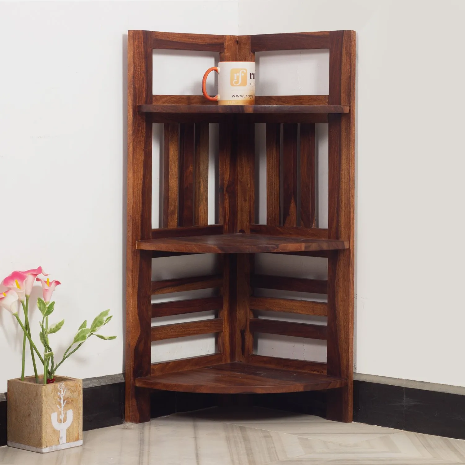 Royal Finish classic Sheesham Wood Corner Shelving Unit, 3 Shelves, 35.5 x 35.5 sheesham wood furniture image 8