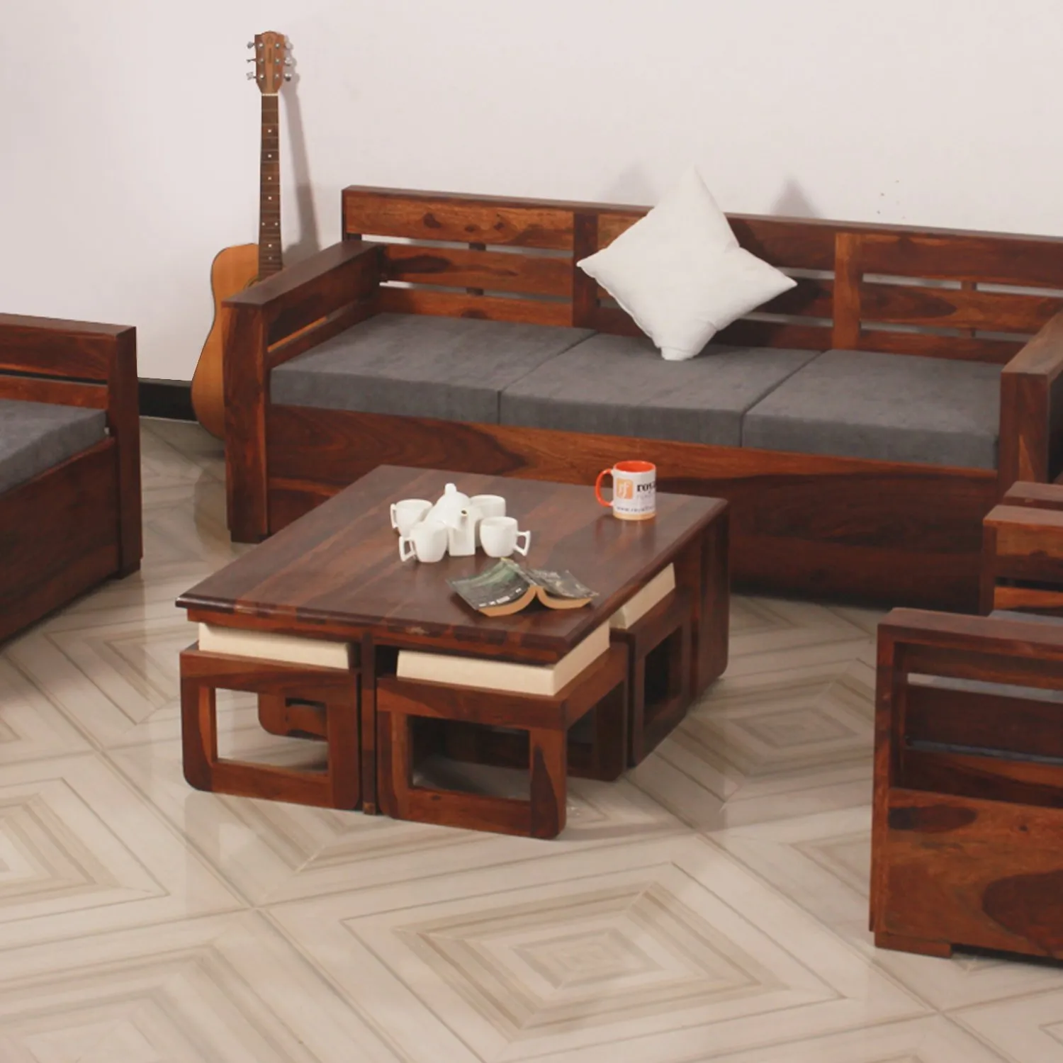 Royal Finish MirageMingle 7 Seater Sofa Set With Cushions(3+2+1+1) wooden sofa set image 2