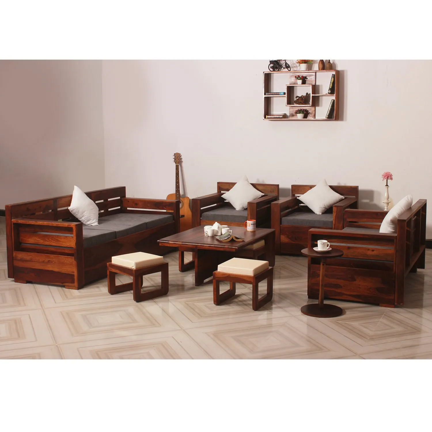 Royal Finish MirageMingle 7 Seater Sofa Set With Cushions(3+2+1+1) wooden sofa set image 3