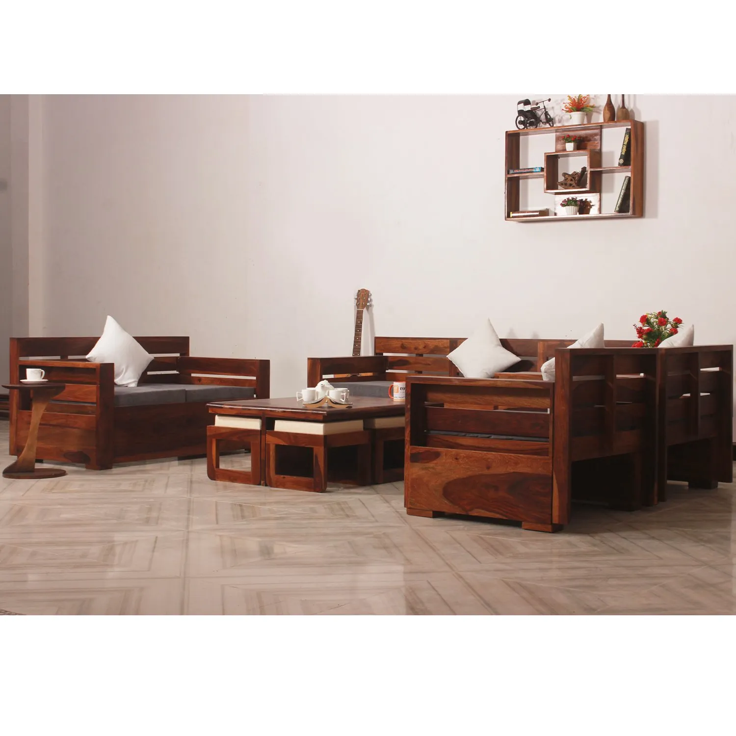 Royal Finish MirageMingle 7 Seater Sofa Set With Cushions(3+2+1+1) wooden sofa set image 4