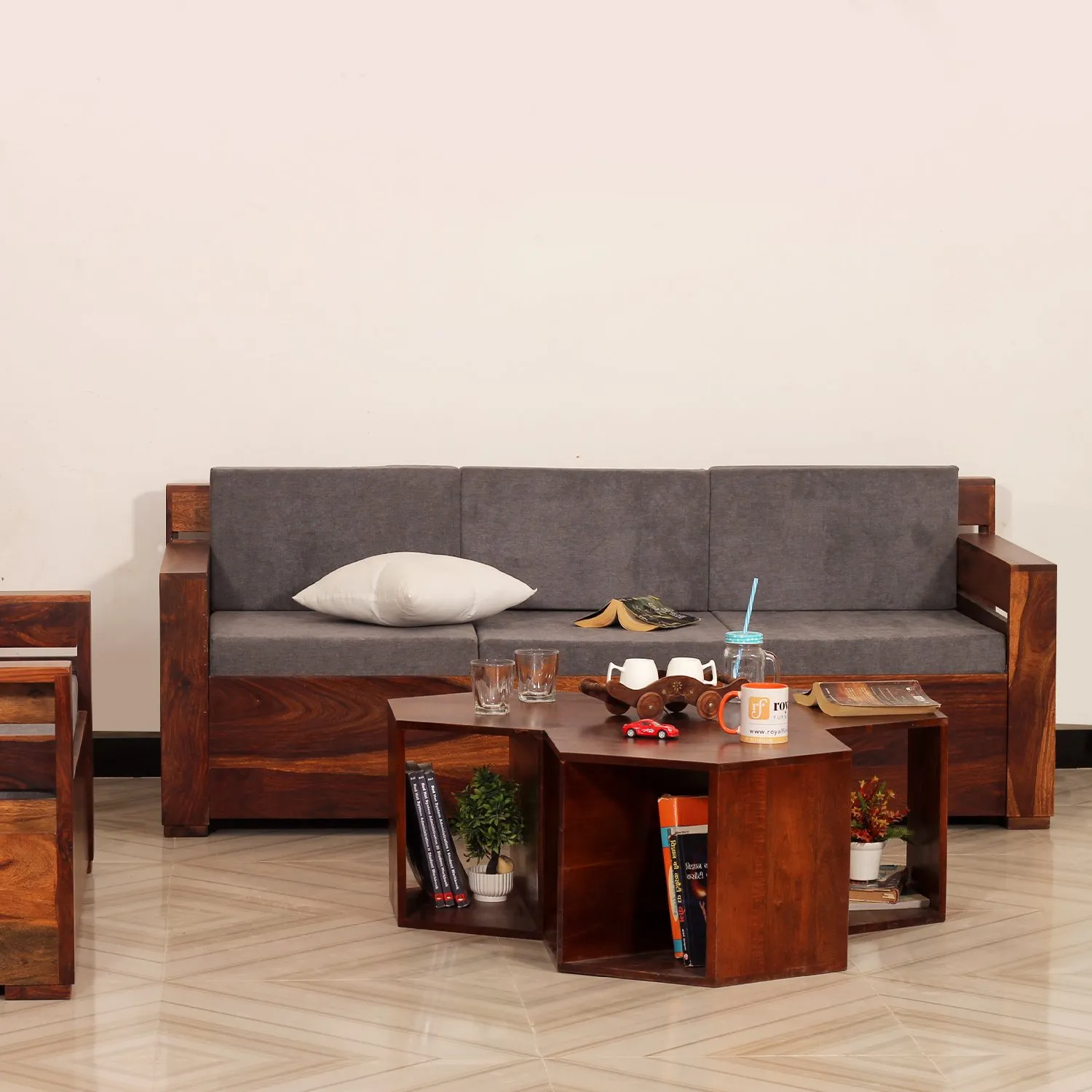 Royal Finish MirageMingle 7 Seater Sofa Set With Cushions(3+2+1+1) wooden sofa set image 7