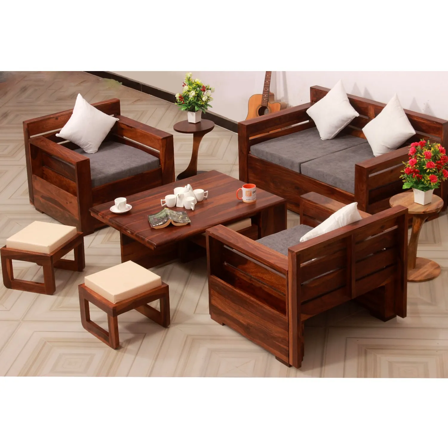 Royal Finish MirageMingle 4 Seater Sofa Set With Cushions(2+1+1) wooden sofa set image 2