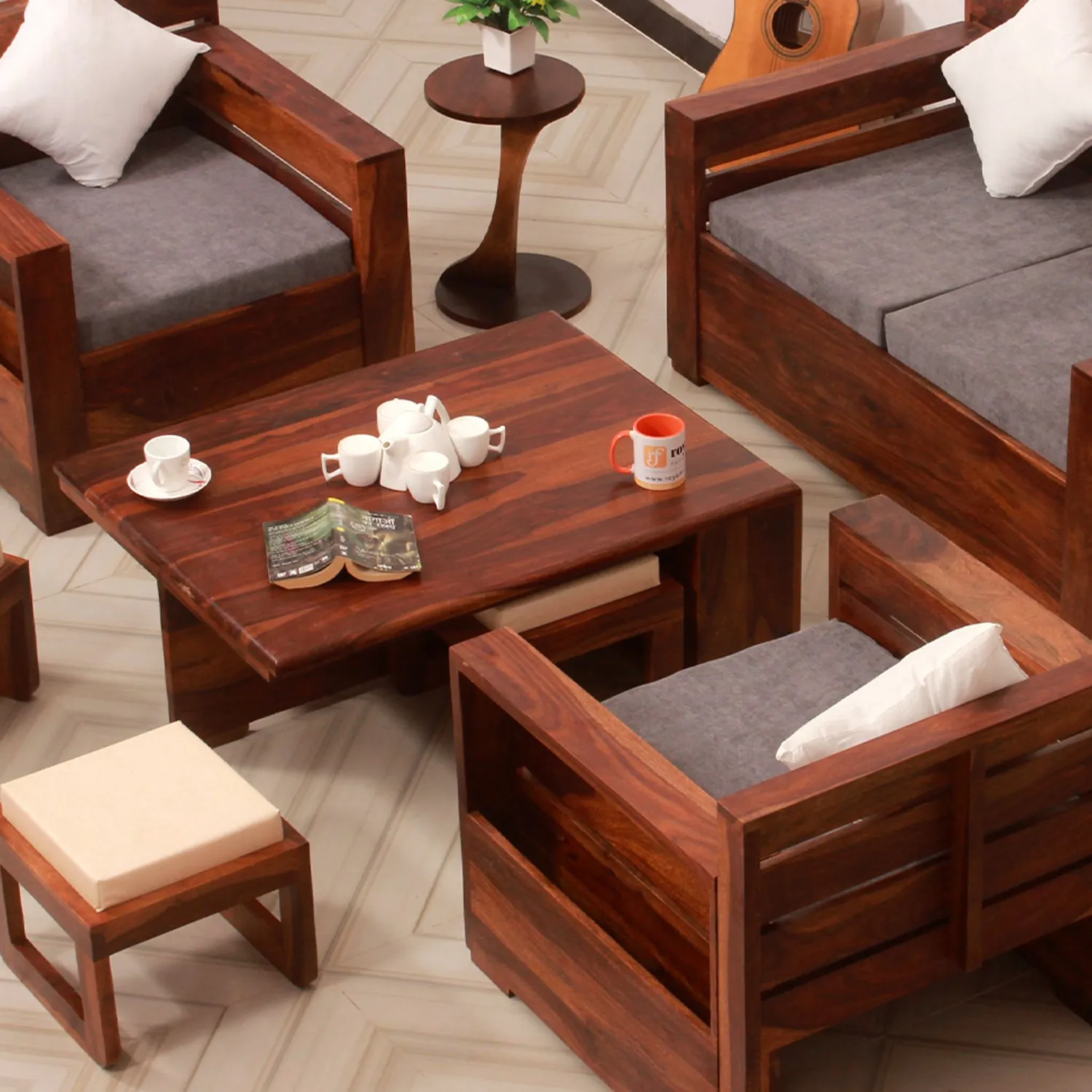 Royal Finish MirageMingle 4 Seater Sofa Set With Cushions(2+1+1) wooden sofa set image 4