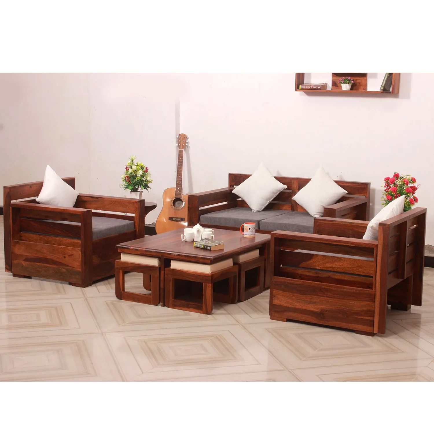 Royal Finish MirageMingle 4 Seater Sofa Set With Cushions(2+1+1) wooden sofa set image 5