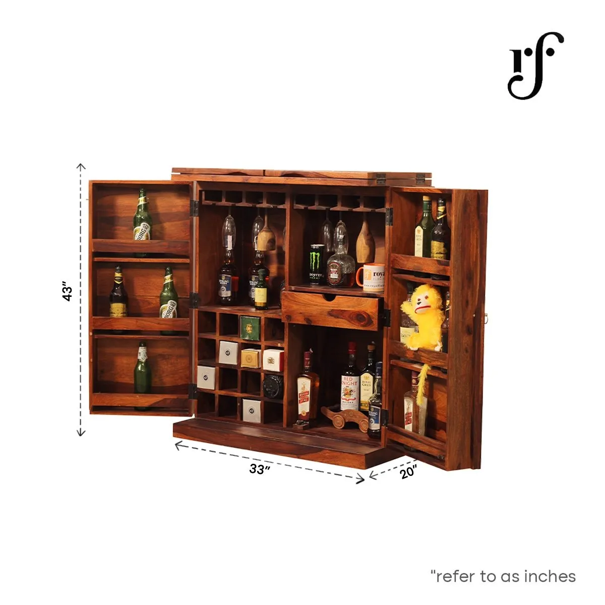 Royal Finish Tielac 2 Door Bar in sheesham with Natural color in Matte polish wooden bar cabinet image 2