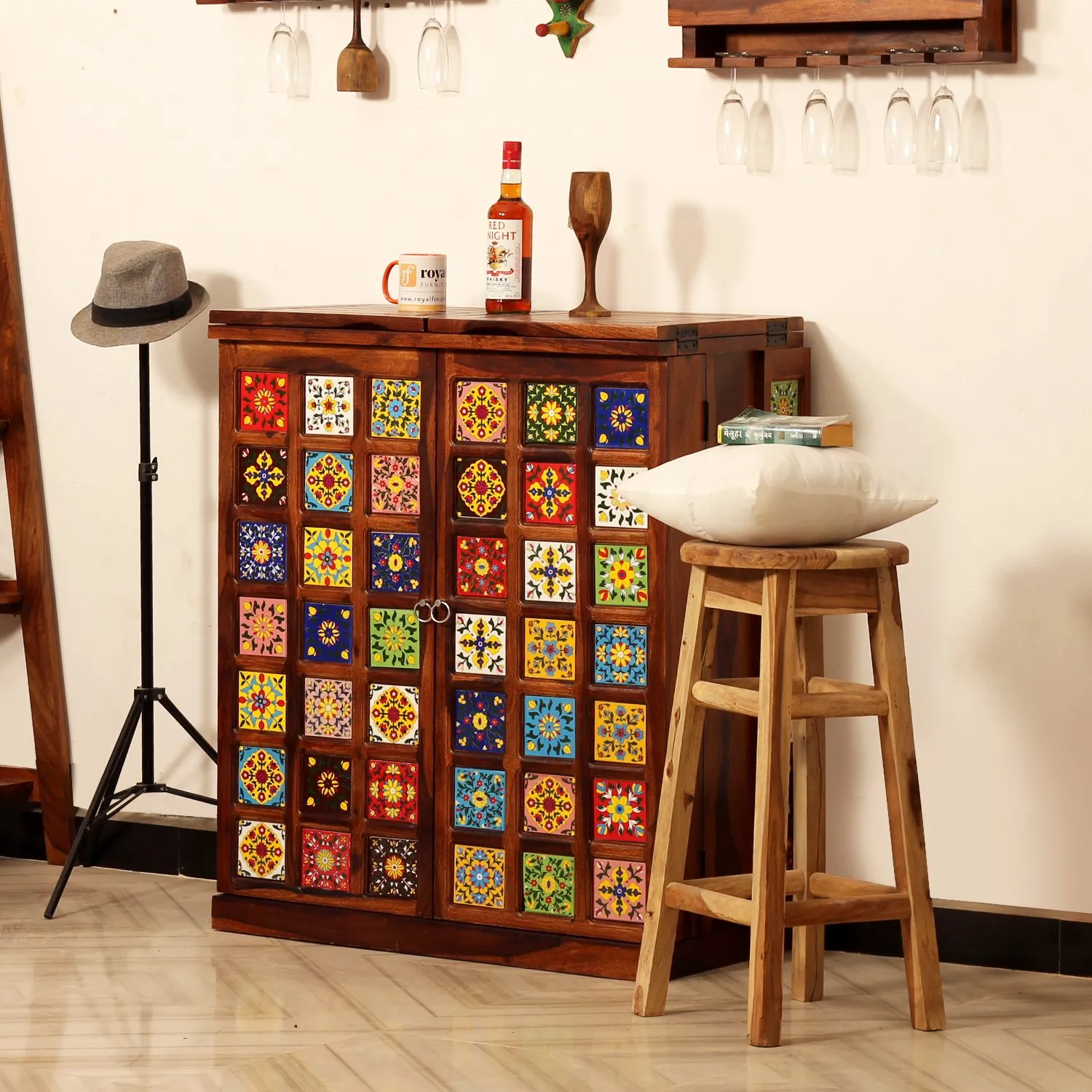 Royal Finish Tielac 2 Door Bar in sheesham with Natural color in Matte polish wooden bar cabinet image 7