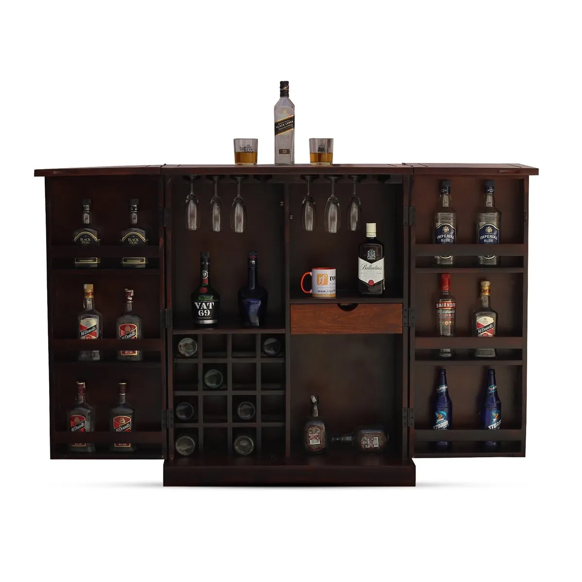 Royal Finish Tielac 2 Door Bar in sheesham with Natural color in Matte polish wooden bar cabinet image 11