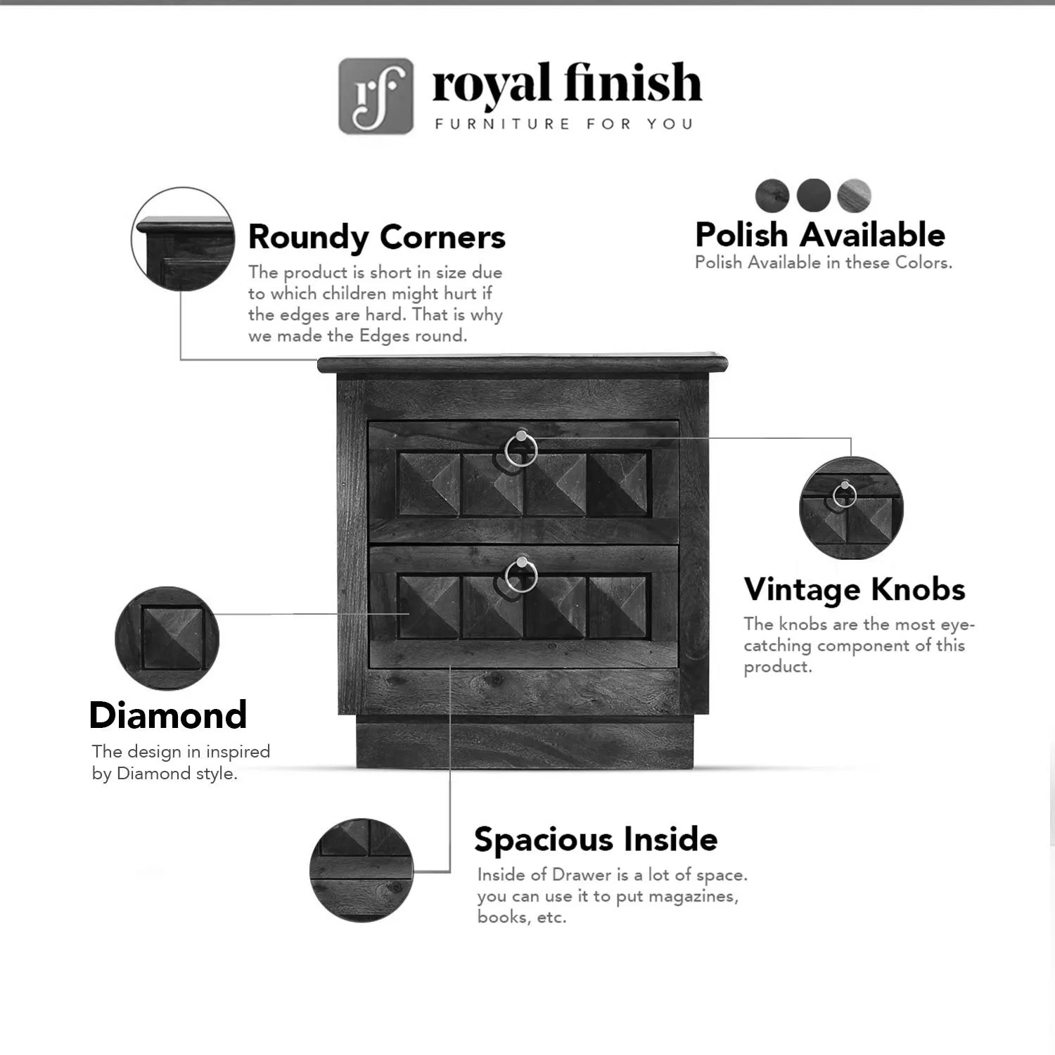 Royal Finish Diamondie Double Bedside Table In Furniture Sheesham In Natural sheesham wood bed image 2