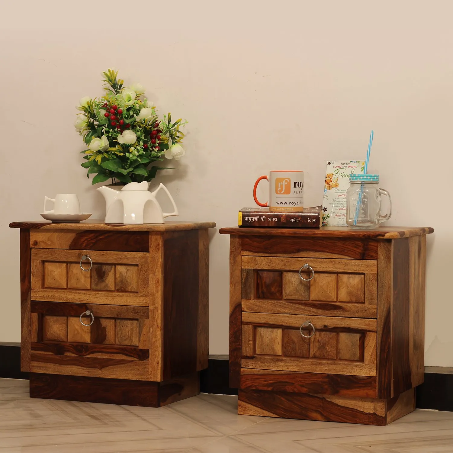 Royal Finish Diamondie Double Bedside Table In Furniture Sheesham In Natural sheesham wood bed image 4