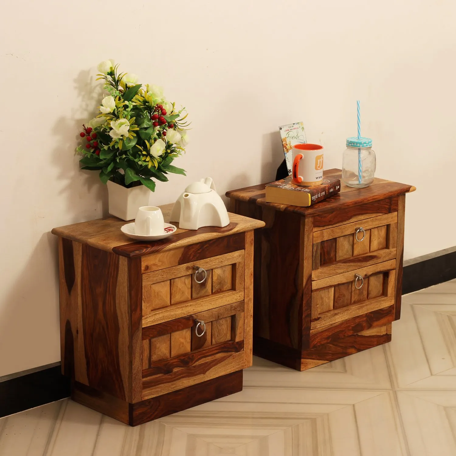 Royal Finish Diamondie Double Bedside Table In Furniture Sheesham In Natural sheesham wood bed image 5