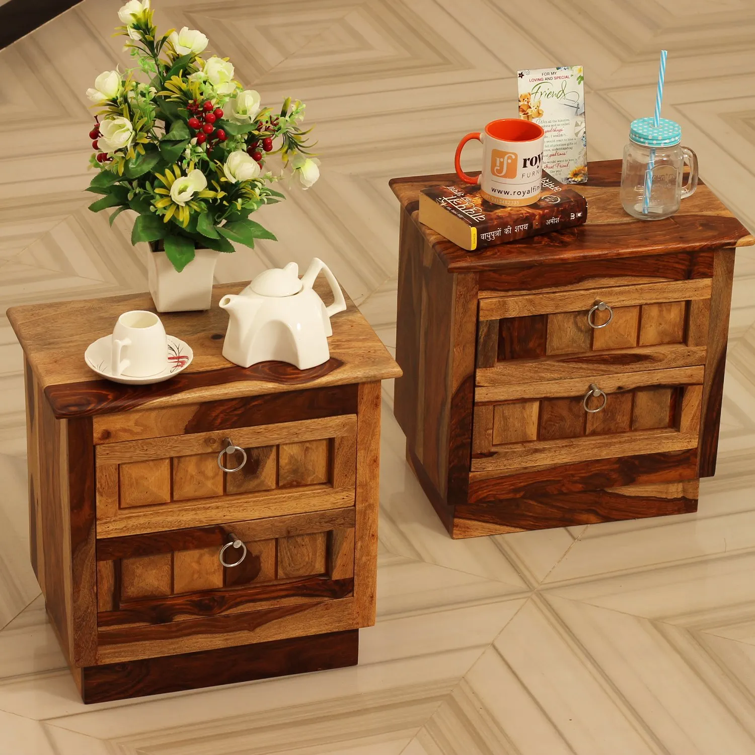 Royal Finish Diamondie Double Bedside Table In Furniture Sheesham In Natural sheesham wood bed image 6