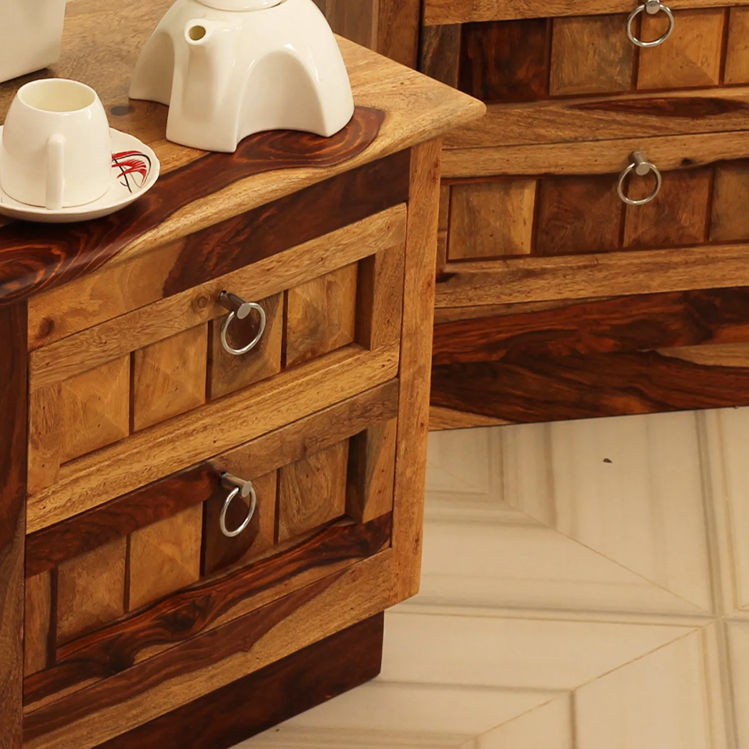 Royal Finish Diamondie Double Bedside Table In Furniture Sheesham In Natural sheesham wood bed image 7