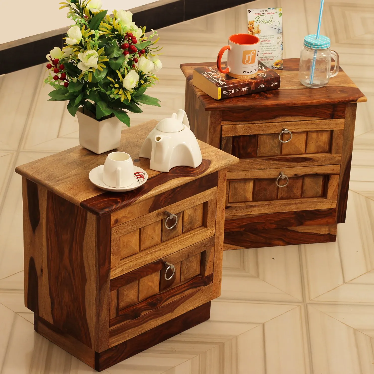 Royal Finish Diamondie Double Bedside Table In Furniture Sheesham In Natural sheesham wood bed image 8