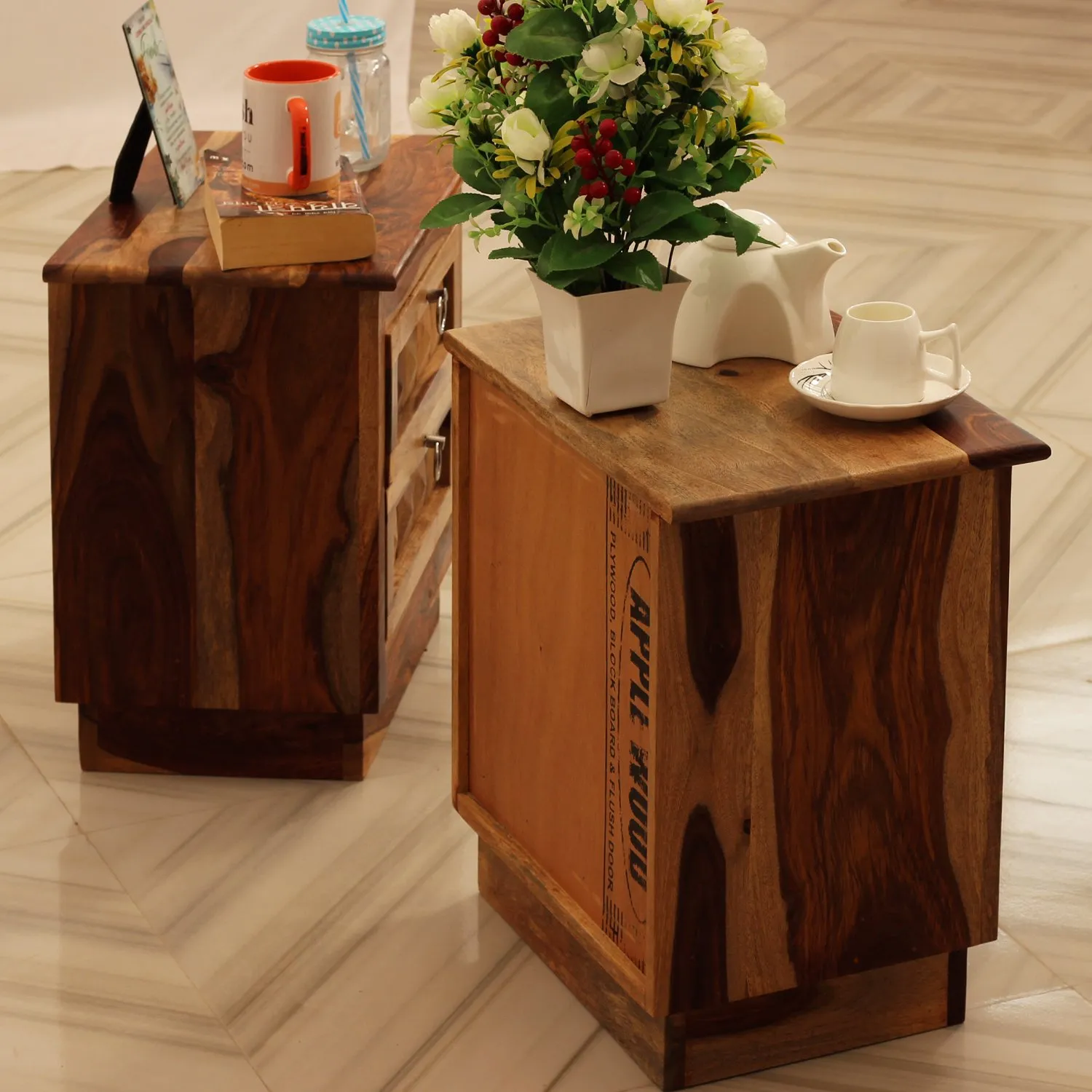 Royal Finish Diamondie Double Bedside Table In Furniture Sheesham In Natural sheesham wood bed image 9