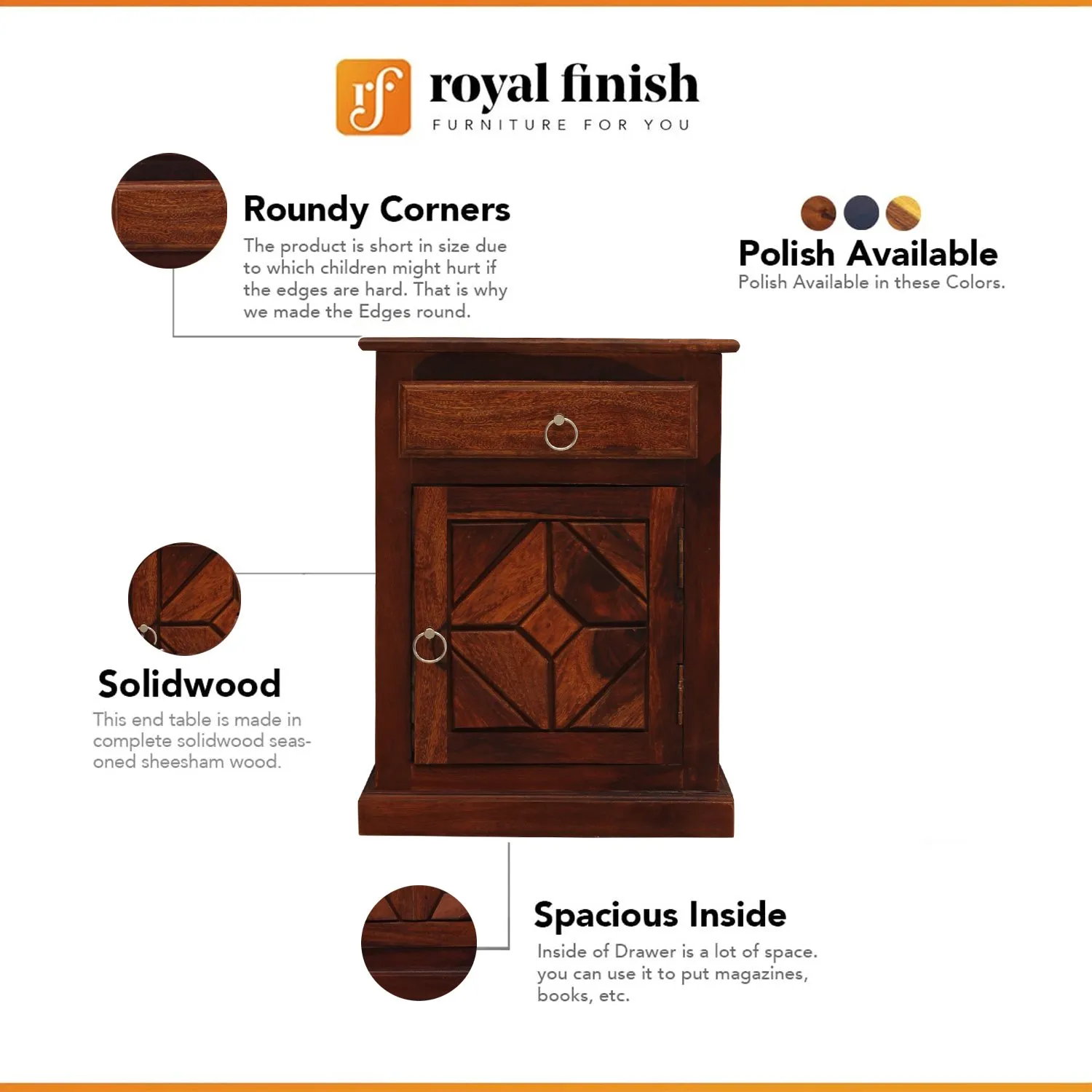 Royal Finish Opulent Bedside Table In Furniture Sheesham Wood In Natural Colour sheesham wood bed image 2