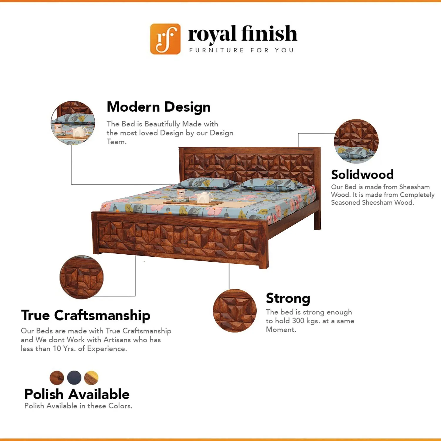 Royal Finish Spinster King Size Bed In Natural Colour With Matte Finished sheesham wood bed image 2