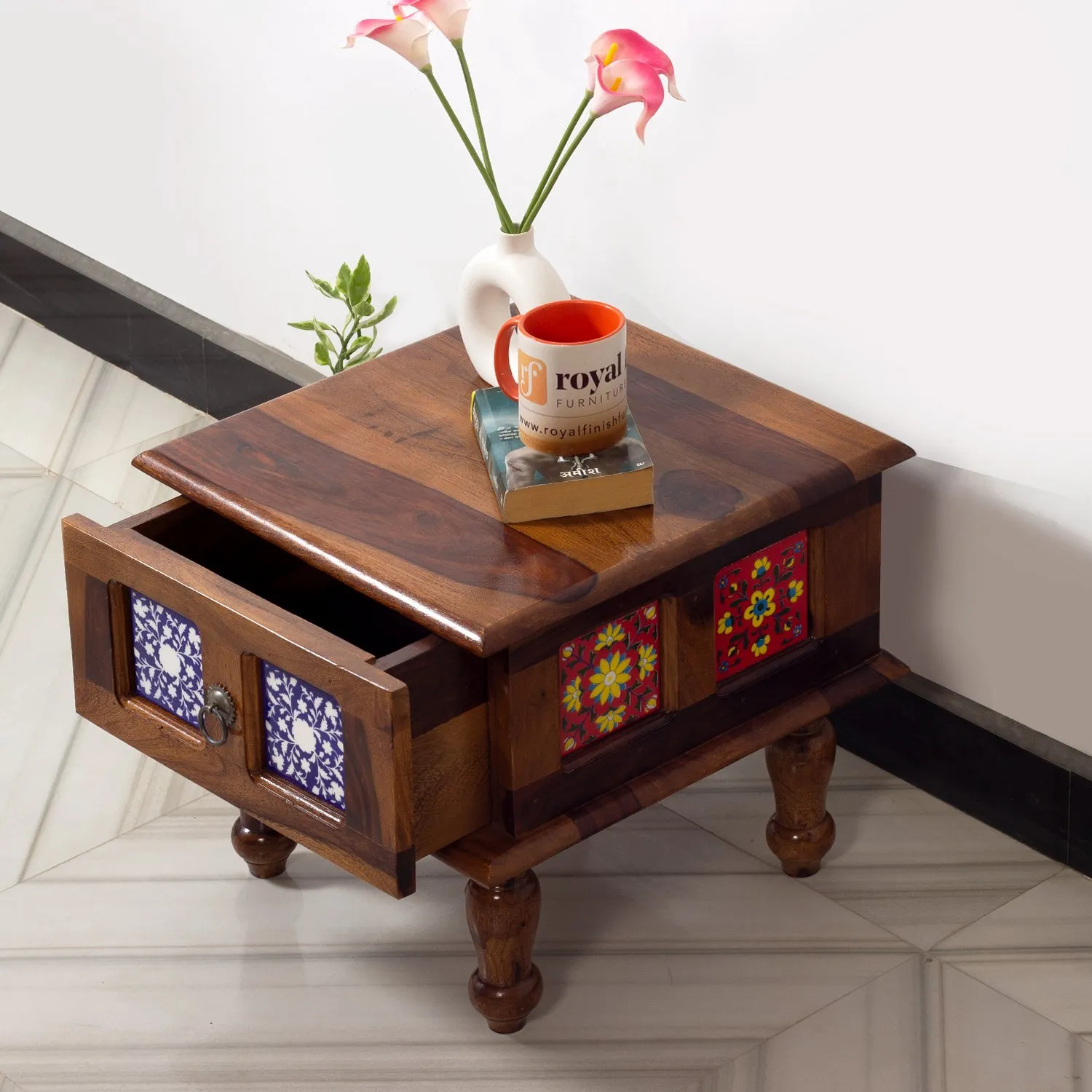 Royal Finish Sheesham Wood Bedside Table, 43 cm (L) x 43 cm (W) x 38 cm (H) sheesham wood bed image 7