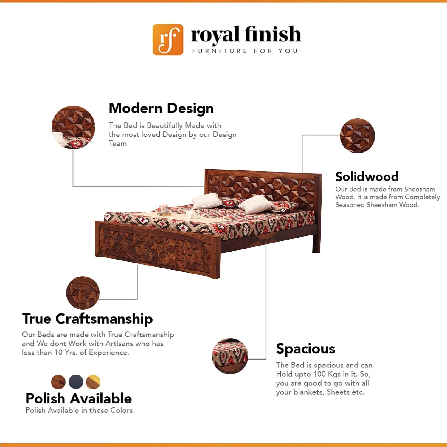 Royal Finish New Floresque King Size Bed In Natural Colour With Matte Finish sheesham wood bed image 2